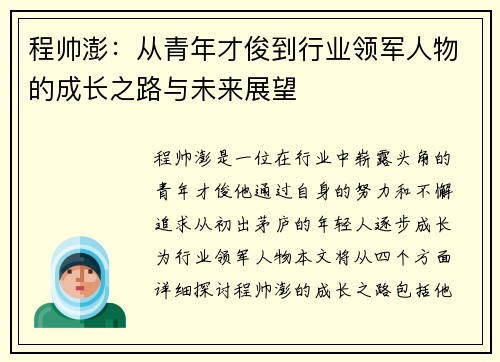 程帅澎：从青年才俊到行业领军人物的成长之路与未来展望